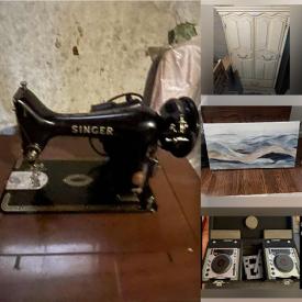 MaxSold Auction: This online auction features various items such as sewing machines, cedar chest, cedar wardrobe, camera, projector, tables, booth stand, bike, speakers, drawers, suitcases, Christmas items, tv stand, cabinets, mirror, accordion, wall art and much more.