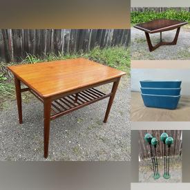 MaxSold Auction: This online auction includes furniture such as midcentury tables, vintage loveseat, MCM dresser, teak sofa, ottoman, dresser and others, crystalware, salt and pepper shakers, lights, needlepoint art,Pyrex, corn decor, vintage seasonal decor, mirrors, Venetian glass drinking set, West German pottery, Grafenthal lamp, Wedgwood, clothing, lithographs and much more!
