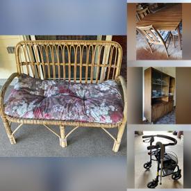 MaxSold Auction: This online auction features furniture such as benches, chairs, dressers, midcentury table, display cabinet, bar cart, rattan loveseat and more, books, electronics, freezer, picnic items, lawn chairs, walkers, lamps, crystal, cloisonne vases, Sanyo TV and much more!