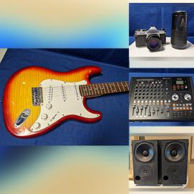 MaxSold Auction: This online auction features various items such as cameras, binoculars, violin, trumpet, guitar, Tivoli audio, sound system, sewing machines, radios, trumpet, speakers, candle holder, lamp, albums, records and much more.