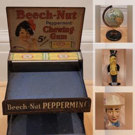 MaxSold Auction: This online auction features collectibles, globes, Wizard of Oz collection, vintage baseball mitt, Roy Rogers  plastic mug, wooden vintage bank, Novelty drinking clock, Popeye collectible items, antique display figurines, toys and much more!