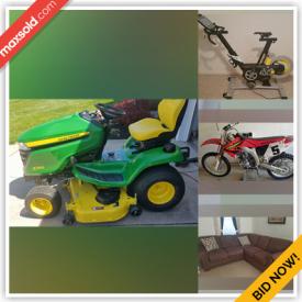 MaxSold Auction: This online auction features John Deere riding mower, exercise bike, 2002 Honda CR450R, BowFlex Max trainer, home stereo system, TVs, shop & yard tools, office equipment, lawnmower, chainsaw, air compressor, air tools and much more!