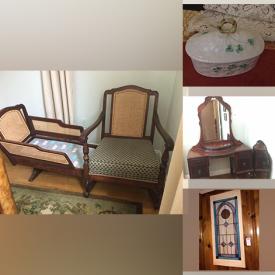 MaxSold Auction: This online auction features recliner, buffet, area rugs, Bose, table lamps, teacup/saucer sets, wall art, rocking chair/cradle, secretary desk, Snow Babies figurines, art glass, Boyd’s Bears, stained glass panel, desks, art pottery, wine fridge, board games and much more!