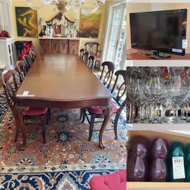 MaxSold Auction: This online auction features crystalware, framed wall art, 47” Samsung TV, furniture such as display cabinet, dressers, dining room table with chairs, and marble top credenza, Dyson vacuum, lamps, exercise equipment, stemware, water fountains and much more!