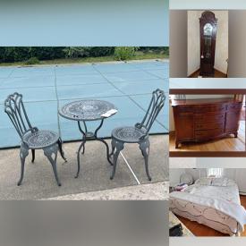 MaxSold Auction: This online auction features furniture such as coffee table, desk, wingback chair, China cabinet, corner display, dining table, curio cabinet, leather chair and ottoman, sofa and dry bar. Also includes grandfather clock, mirror, outdoor table, metal glider chair, garden storage box, sewing machine, metal shelf, hutch, wicker furniture, king bed and dresser and mirror. Also includes candles and linens, crystal vases, crystal stemware, dropleaf tea cart, lamp, cookbooks, cookware, dinnerware and bakeware and much more!