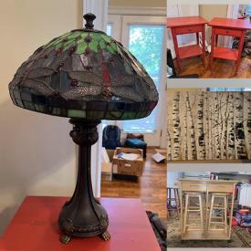 MaxSold Auction: This online auction features an island table with stools, wicker shelf, lamp, hummel figurines, artwork, tables, tea set, costume jewelry, printer, firepit and much more!