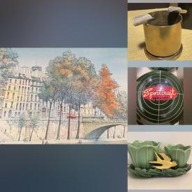 MaxSold Auction: This online auction features Rafflewski LE lithograph, Perrier Jouet champagne glasses, metal figurines, vintage board games, steins, harmony banjo, harmonicas, Phoenix soapstone sink, metal signs, bicycles, Roseville vase, coins, currency, fishing reels, art glass, Satsuma vase, door knockers, vintage McCoy pottery, indoor grow lighting, war Ephemera and much more!