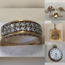 MaxSold Auction: This online auction features gold jewelry such as rings, pendants, earrings, bracelets, necklaces, charms, lapel pins, and sterling silver jewelry such as bracelets, rings, earrings, necklaces, brooches, locket, and antique pocket watch, vintage rhinestone brooches, fashion hatpins, watches, Disney pins and much more!