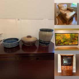 MaxSold Auction: This online auction features original paintings, handmade pottery, 32” Sony TV, furniture such as demilune table, Pottery Barn buffet, leather club chair, and antique dressers, area rugs, lamps, dishware, glassware and much more!