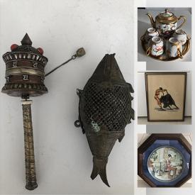 MaxSold Auction: This online auction feautres vintage prints, pottery, clay mask, Royal Doulton, Tibetan turn wheel, Chokin vase, Chinese porcelain tea set, Eduardo Vicente art, Chinese porcelain, Chinese Jingdezhen collectible plate, Chinese scroll wall hanging and much more!