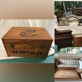 MaxSold Auction: This online auction features vintage signage, US Marines memorabilia, furniture such as live edge queen bed, This End Up couch and coffee table, reclining loveseat, lighted oak curio cabinet and Bassett armoire, yard tools, small kitchen appliances, power tools, HP printer and much more!