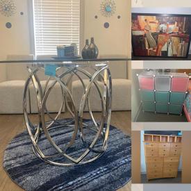 MaxSold Auction: This online auction features art glass, pots & pans, modern fabric chairs, area rug, mirror wall art, modern corner desk, computer accessories, printer, framed artwork, Stanley bedroom set, TV, storage bins and much more!