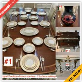 MaxSold Auction: This online auction features furniture such as chrome kitchen stools, L-shaped sectional sofa, armoire, headboard, patio lounge chairs, office chair, drum-style tables, buggy seat bench, mirror-clad sideboard, Duncan Phyfe table and others, kitchenware, lamps, serving platters, woven baskets, accessories, Wurlitzer piano, art glass, wall art, Moorcroft, silverplate flatware, Royal Doulton and much more!