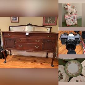 MaxSold Auction: This online auction features costume jewelry, mantle clocks, antique sideboard, Chiropractor’s table, Dresden figurines, cameras, Wyeth prints, vintage toys, Hall pottery, outside games, fabric, Sitar-type instrument, craft supplies, sports equipment and much more!