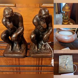 MaxSold Auction: This online auction features bookends, stone eggs, vintage Thorens music box, tobacco stand, portable AC unit, African figures, brass sculptures, music boxes, porcelain figurines, Art Deco sideboard, seashell art, Native American pottery bowl, comic books, vintage magazines, art glass, leather jackets, vinyl records, small kitchen appliances, mini-refrigerator, vintage refrigerators, figural lamps, barrister style bookcase and much more!