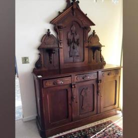 MaxSold Auction: This online auction features several antiques, such as an Alfred Meakin washstand, upright piano by Merlin & Sons of New York, a singer treadle sewing machine, dresser and swivel mirror by Jacques, sideboard 65X21X89, writing desk, Edwardian two piece hutch 55X22X74, a pewter mug from 1880. This also offers two green wedgwood serving pieces, cranberry glass, staffordshire and Myotts serving platters, two Limoges Cobalt blue dishes and much more!