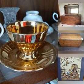 MaxSold Auction: This online auction features tea cart, floor lamp, swivel rocker armchairs, teacup/saucer sets, small kitchen appliance, knitting accessories, table lamps, bedding, costume jewelry, framed artwork and much more!