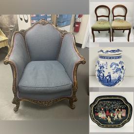 MaxSold Auction: This online features Victorian side chair, mirror, Mid Century furniture, Thomas train set, candle holder, canister, armchair, sofa, floral wreath, antique glassware, tool, blow mold figurine, pottery, mason jar, pitcher, fireplace screen, baskets, ceramic drink dispenser, coasters, plush toys, books and much more