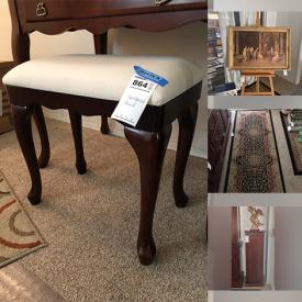 MaxSold Auction: This online auction features items such as Mirror Scones, Mirror, glassware, Table Lamp, Dining Chairs, Candle Holders, Desk, Upholstered Bench, Glass Computer Desk, Wooden Easel, Curtains, Rod, Area Rug and much more!