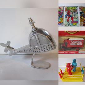 MaxSold Auction: This online auction features carnival glass, metal wall art, studio pottery, children’s books, The Beatles collectibles, Pez dispensers, Roberto Leonardo horse statues, Valerio Albarello jiggers, Playmation figures, vintage jewelry, Heroclix, bank notes, coins, stamps, comics, vinyl records, dies-cast vehicles, sports trading cards, Pendelfin figures, art glass, Toby mug, uranium glass, salt & pepper shakers, generator and much more!