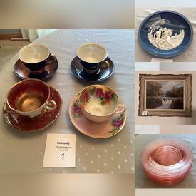 MaxSold Auction: This online auction features teacup/saucer sets, collector plates, sewing box, dining room set, upright piano, antique dressing table, antique carved wooden chest, W. McGregor painting, and much more!