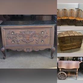 MaxSold Auction: This online auction storage features Ethan Allen bedroom set, oak pedestal table, oak dining chairs, antique half-moon table, dishware, lamps, vintage records, tin toys, steamer trunk and more!