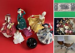 MaxSold Auction: This online auction features snuff bottles, cloisonne vases, mini teapots, lidded jade vase, Robert Bateman print, terra cotta tea set, vintage sewing machines, Balinese demon mask, coins, Kamaka ukulele, Royal Doulton figurines, Wedgwood dishes, vintage books, Royal Crown Derby Mikado, Collector plates, Silver-plated items, professional tympani, Victorian davenport, Trudy Doyle original paintings, art glass, Grandfather clock and much more!