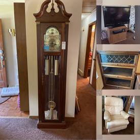 MaxSold Auction: This online auction features a vintage stereo console table, dresser, roll top desk, coffee table, lamps, Chinaware, wall mirror, clock, sewing supplies, printer, lawn mower, yard tools and much more!