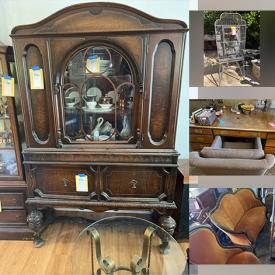 MaxSold Auction: This online auction features furniture such as a china cabinet, stereo cabinet, chairs, filing cabinet, desk, settee, armoire, rocking chair, coffee table, dining table set and others, lamps, kitchenware, small kitchen appliances, figurines, luggage, electronics, hardware, mirrors, record albums, electric fireplace, old bottles, tins, jewelry,  dolls, window, birdcage, garden decor and much more!