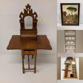 MaxSold Auction: This online auction features furniture such as antique secretary desk chair, teak nesting tables, Victorian ladies chairs, antique side table, vintage drop leaf end table, vintage inlaid table, vintage end tables and more, wall art, painting, Royal Doulton Alton china, vintage Johnson Bros china, vintage gold gilt ceramics, quilts, art glass, flatware, crystalware, vintage Flintridge teacups, rugs and much more!