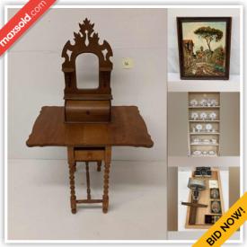 MaxSold Auction: This online auction features furniture such as antique secretary desk chair, teak nesting tables, Victorian ladies chairs, antique side table, vintage drop leaf end table, vintage inlaid table, vintage end tables and more, wall art, painting, Royal Doulton Alton china, vintage Johnson Bros china, vintage gold gilt ceramics, quilts, art glass, flatware, crystalware, vintage Flintridge teacups, rugs and much more!