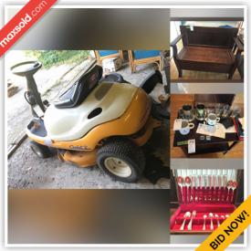 MaxSold Auction: This online auction features riding lawn mower, antique lanterns, silverplate, vintage collectibles, Canadian currency, fine china, 42” Sony TV, furniture such as cast iron bench, vanity, vintage cane couch, wall cabinet, work benches, and Palliser desk with hutch, tools, Kenmore freezer, Frigidaire refrigerator, lumber, LPs, MCM lamps, costume jewelry and much more!