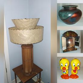 MaxSold Auction: This online auction features MCM teak atomic lamp, Tiffany Style table lamp, stained glass window, abstract art, Raku pottery vase, art glass, vintage lighters, Llado figure, vintage Pyrex, Hoselton sculpture, cranberry glass, depression glass, antique Victorian art, art supplies, vintage West German pottery, new Lego kits, slag glass stained lampshade and much more!