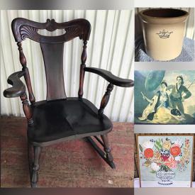 MaxSold Auction: This online auction features items such as a plant stand, brass lamp, pillows, bookcase, willow basket, rocker, chair, rug, footstool, book, vintage painting, guitar, cake stands, metal art and much more!