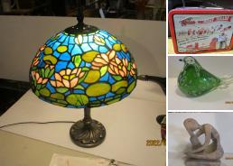 MaxSold Auction: This online auction features collectible lunchbox, stone sculpture, tiffany style lamps, vintage cookie jars, Hoselton figure, power tool, camping tent, Casio keyboard, toys, geodes, salt & pepper, art glass, vintage music boxes,  vinyl records, sports trading cards, head figure jugs, vintage collectible pencil sharpeners, metal signs, collectors plates, Elvis glasses, craft supplies, coins, vintage jewelry, uranium glass, and much more!