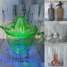 MaxSold Auction: This online auction features depression glass, art pottery, vintage brass sculptures, sewing machine, vintage pyrex, milk glass, art glass, vintage tin, vintage perfume bottles, coins, brass candlesticks, vintage seltzer bottles, vintage uranium glass and much more!