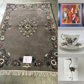 MaxSold Auction: This online auction features original oil paintings, Persian carpets, pencil drawings, watercolors art,  Savonnerie carpet, wood burned art, coin silver earrings, teacup/saucer sets, milk glass, art glass, costume jewelry, vintage string art, bronze sculptures, French porcelain Limoges, vintage blue & white porcelain and much more!