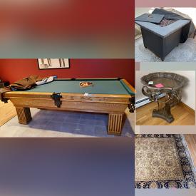 MaxSold Auction: This online auction features a pool table & accessories,  Hekman bookcase secretary ensemble & kidney-shaped desk, area rugs, curtains, console table, plush bench seats, Artmax vases, fire pit, leather chair, chaise lounge, sports memorabilia, rolling kitchen cart, stereo components and much more!