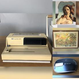 MaxSold Auction: This online auction features GBC Image Maker, spiral bindings, water cooler, freestanding Fragment of Botticelli\'s \'Venus, colored pendaflex folders, Oxford Blue twin pocket folders, Microsoft bluetooth mouse, extension cords, key tool, staples paper clips, binoculars, Halogen Floodlights and much more!