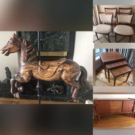 MaxSold Auction: This online auction features patio furniture, Ian Kochberg limited edition print, vintage toys, office supplies, office desks, souvenir spoons, MCM teak chairs, wooden mask, Jaques Ernst engraving, steel document cabinets, mineral specimens, crystal decanter, mountaineering ice axe, brass & glass tables, soapstone carvings, rattan chairs, MCM furniture, area rugs & runners, garden tools, dive equipment, small kitchen appliances, antique iron locks & keys, antique carousel horse and much more!