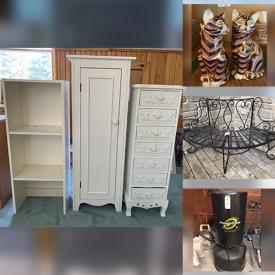 MaxSold Auction: This online auction features furniture such as drawers, storage, armchairs, dropleaf table, headboard, bench and mat, bookcases, patio chairs, dresser, tables, wardrobe and others, table lamps, mirrors, clocks, TV, planters, crystal, decor, teacups, kitchenware, pet supplies, bike, wagon, camping supplies, elliptical, home gym training equipment, speakers, electronics, VHS tapes, faux florals and much more!