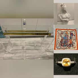 MaxSold Auction: This online auction features silk scarves, gold jewelry, large statues, original abstract figural paintings, art pottery, Inuit alabaster sculpture, Waterford crystal bowl, MCM vase, vintage Steiff hand puppets, art glass, MCM enamel tray, and much more!