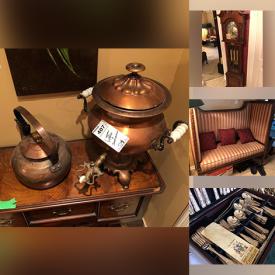 MaxSold Auction: This online auction includes silverplate, framed wall art, furniture such as Henredon dining table, Rowe Furniture chairs, high back settee, demilune cabinet, and entertainment unit, copper ware, electric fireplace, lighting, dishware and more!