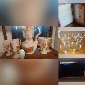 MaxSold Auction: This online auction features collectibles, clock, porcelain pot, Toby\'s glassware, decanter, Vizio flat screen TV, candle holders, brass decor, health books, picture,  decorative plates, croc pot, serving tray and much more!