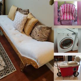 MaxSold Auction: This online auction features chaise lounge, wall art fan, settee, area rugs, bar cabinet, TV, wicker club chairs, faux plants & flowers, mini-fridges, desk, Rose Pattern dish set, washers, dryers, hand tools, ladder, sewing machine, ottomans, Cruisin cooler, recliners, window AC unit, audio electronics, exercise equipment, patio furniture, charcoal grills, garden pots and much more!