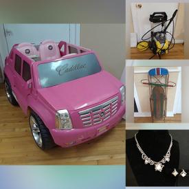 MaxSold Auction: This online auction features Power Wheels - Fisher Price Pink Cadillac Car, Gibbard table, Oak dining table and chairs, Oak buffet, Tiffany style lamp, projector, costume jewelry, books, artwork, pressure washer, glass serving dishes, vintage kitchen gadgets, refrigerator, chairs, teacup and saucers, patio, vintage buttons, glassware, crock ware, games, lilac collection, vintage glass bottles and jugs, kitchen appliances, Pyrex ware, microwave, crystal ware, linens, quilt, prints, vacuum and much more!