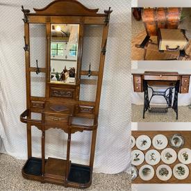 MaxSold Auction: This online auction features antique hall tree, vintage Ridgeway clock, wood carving, Audubon Plates, pet products, Longaberger basket, depression glass, cranberry glass, antique sewing machine, vintage luggage, and much more!