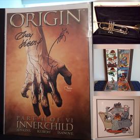 MaxSold Auction: This online auction features Andy Kubert signed edition Wolverine Origin, DC and Dark Horse comics, vintage Holton trumpet, vintage Mexican pottery, antique marble countertop, tapestry from Norman Rockwell artworks, vintage wooden stand, programmable air compressor, Bauer skates, dolly and much more!