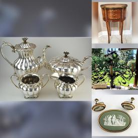 MaxSold Auction: This online auction features antique silver plate, brassware, Royal Albert and Aynsley, fine china, Wedgwood jewelry, French-style side tables, paintings, chandelier, small appliances, leather-bound books, and much more!