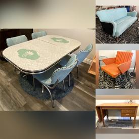 MaxSold Auction: This online auction features a vintage sofa, vintage media cabinet, vintage adjustable side table, vintage dresser with mirror, vintage bamboo rattan shelf, vintage floor lamp and much more!